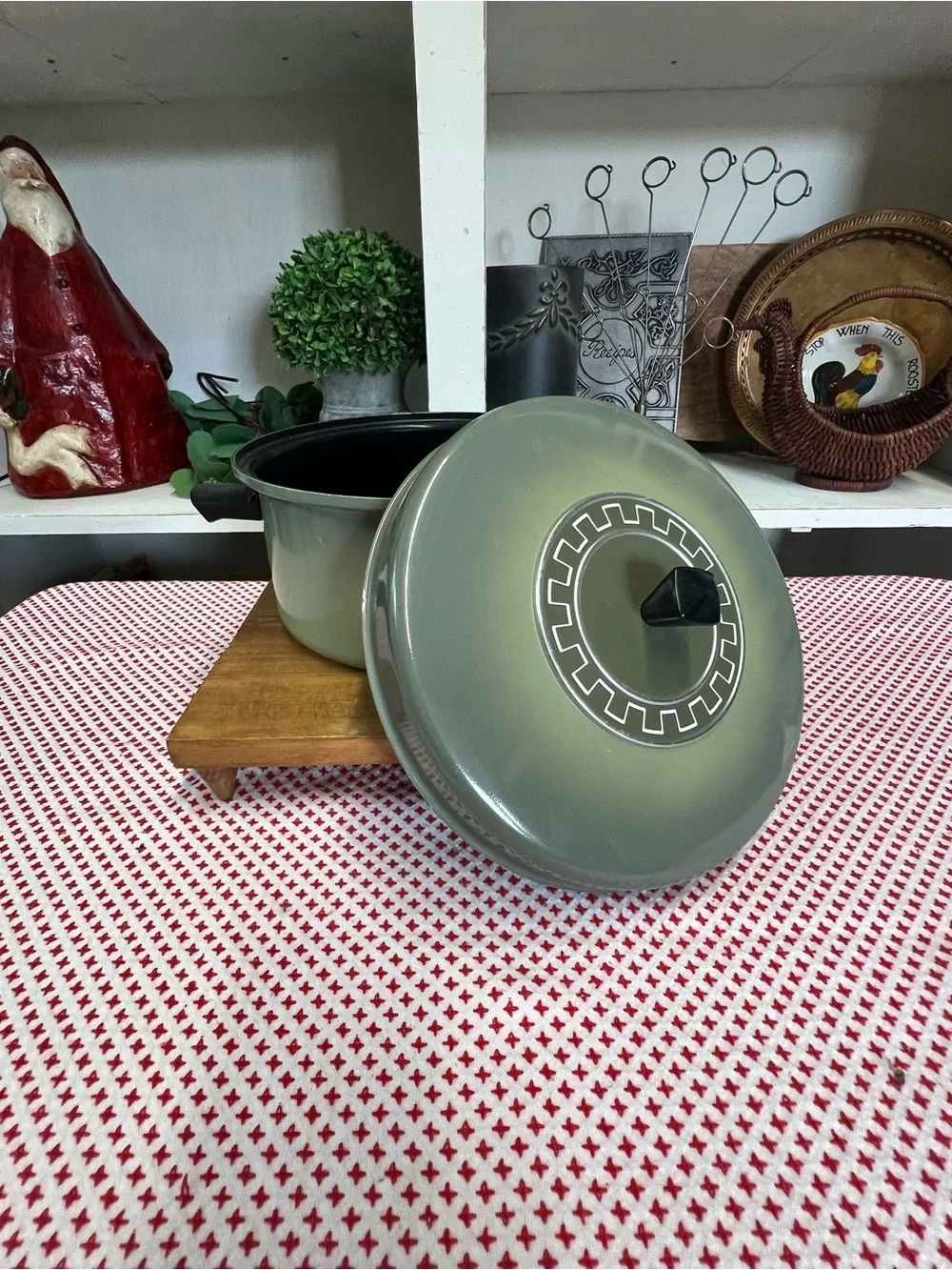 Vintage cookware green lidded pot aluminum metal retro